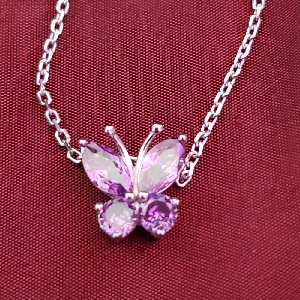 Sterling Silver and Created Purple Amethyst February Birthstone Butterfly Anklet